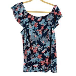 J. Jill Love Linen Navy Blue Red Floral Top Ruffle Tiered - Women's Size XL